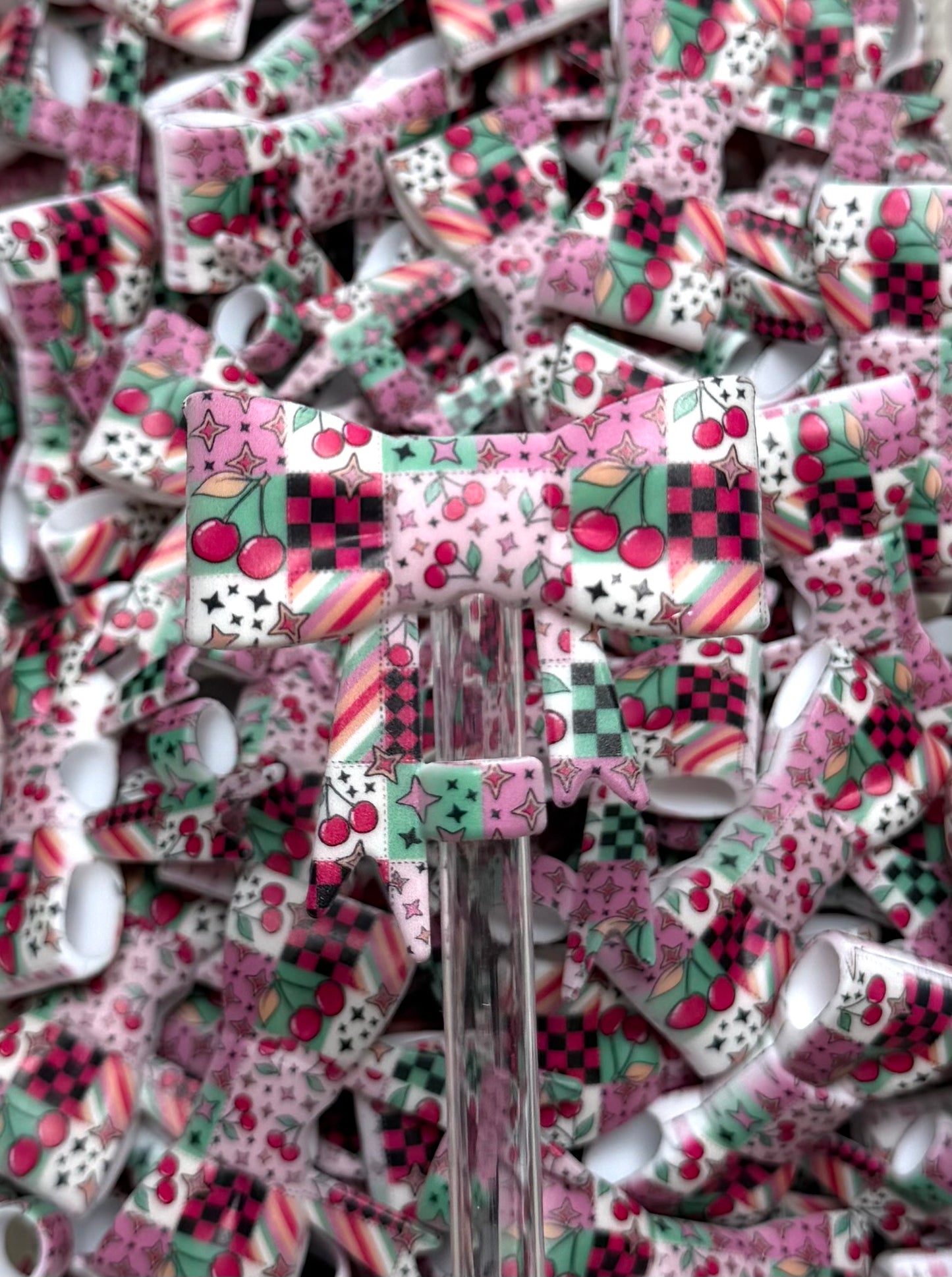 Y- Straw Topper - Cherry Patchwork Printed Bow, Tumbler Accessory