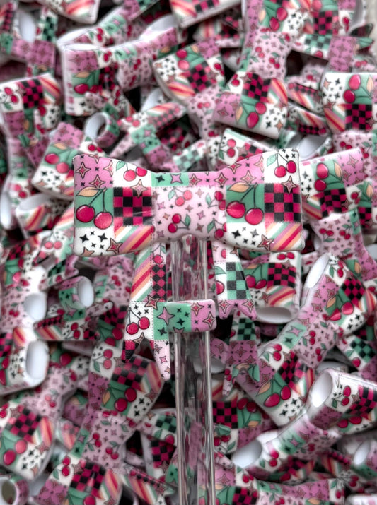 Y- Straw Topper - Cherry Patchwork Printed Bow, Tumbler Accessory