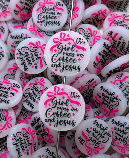 R- This Girl Runs On Coffee And Jesus Focal Bead, Religious Focal Bead