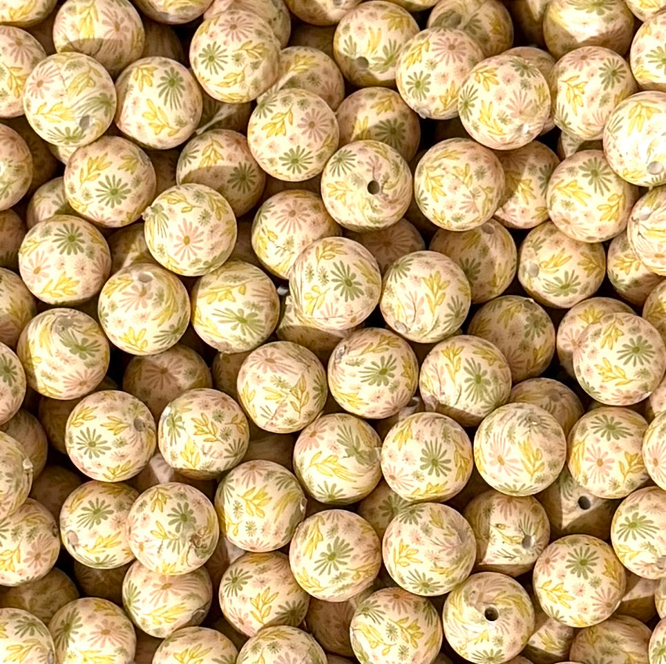 15mm Print Quiet Garden Round Silicone Beads, Flower Silicone Bead