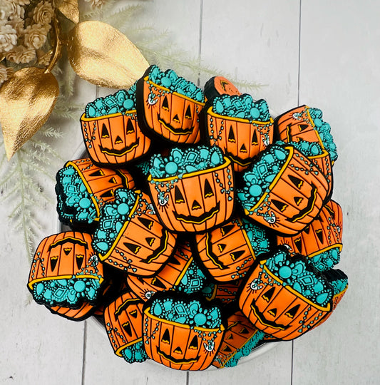 Exclusive Turquoise Trick or Treat Silicone Focal Bead, Halloween Silicone Bead