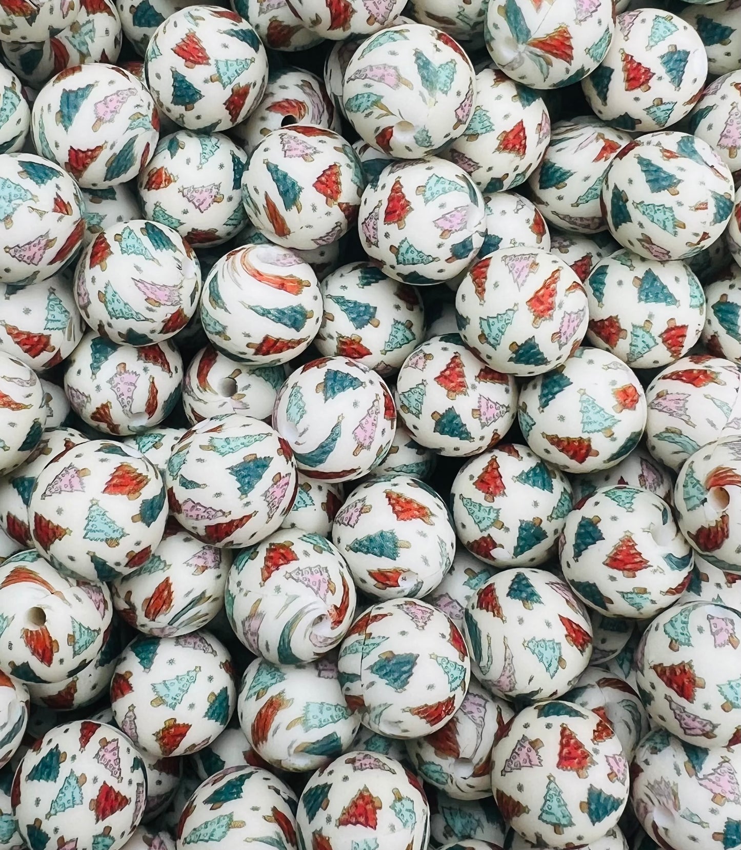 15mm Print Christmas Trees EXCLUSIVE Round Silicone Beads