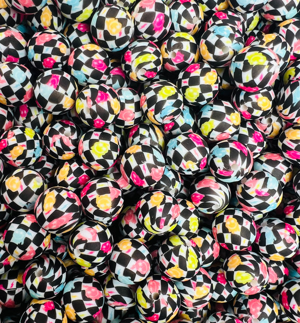 15mm Print Melting Happy Face Checker EXCLUSIVE Round Silicone Beads ...