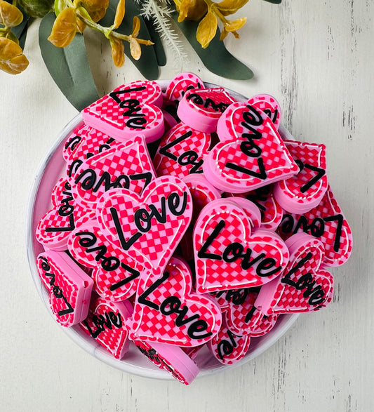 Checkered Love Heart Silicone Focal Bead, Heart Shape Silicone Bead