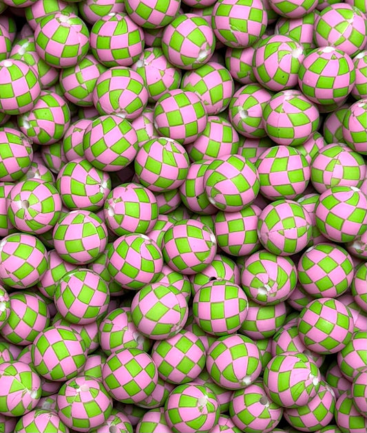 15mm Print Green and Pink Checkers EXCLUSIVE Round Silicone Beads