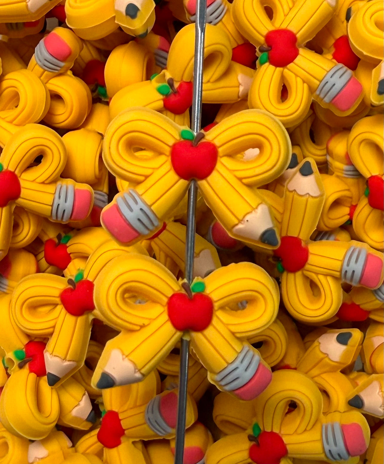 3D Pencil Bow Silicone Focal Bead, 3D School Focal Bead