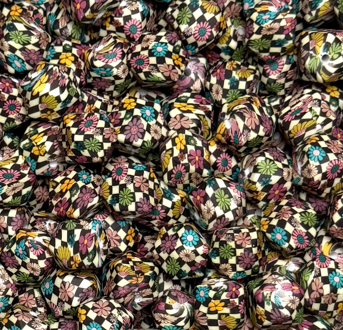 14mm Hexagon Print Vintage Checker Flowers EXCLUSIVE Printed Silicone Bead