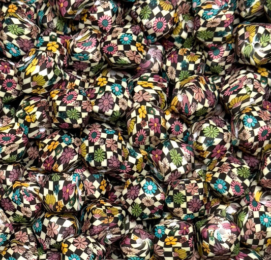14mm Hexagon Print Vintage Checker Flowers EXCLUSIVE Printed Silicone Bead