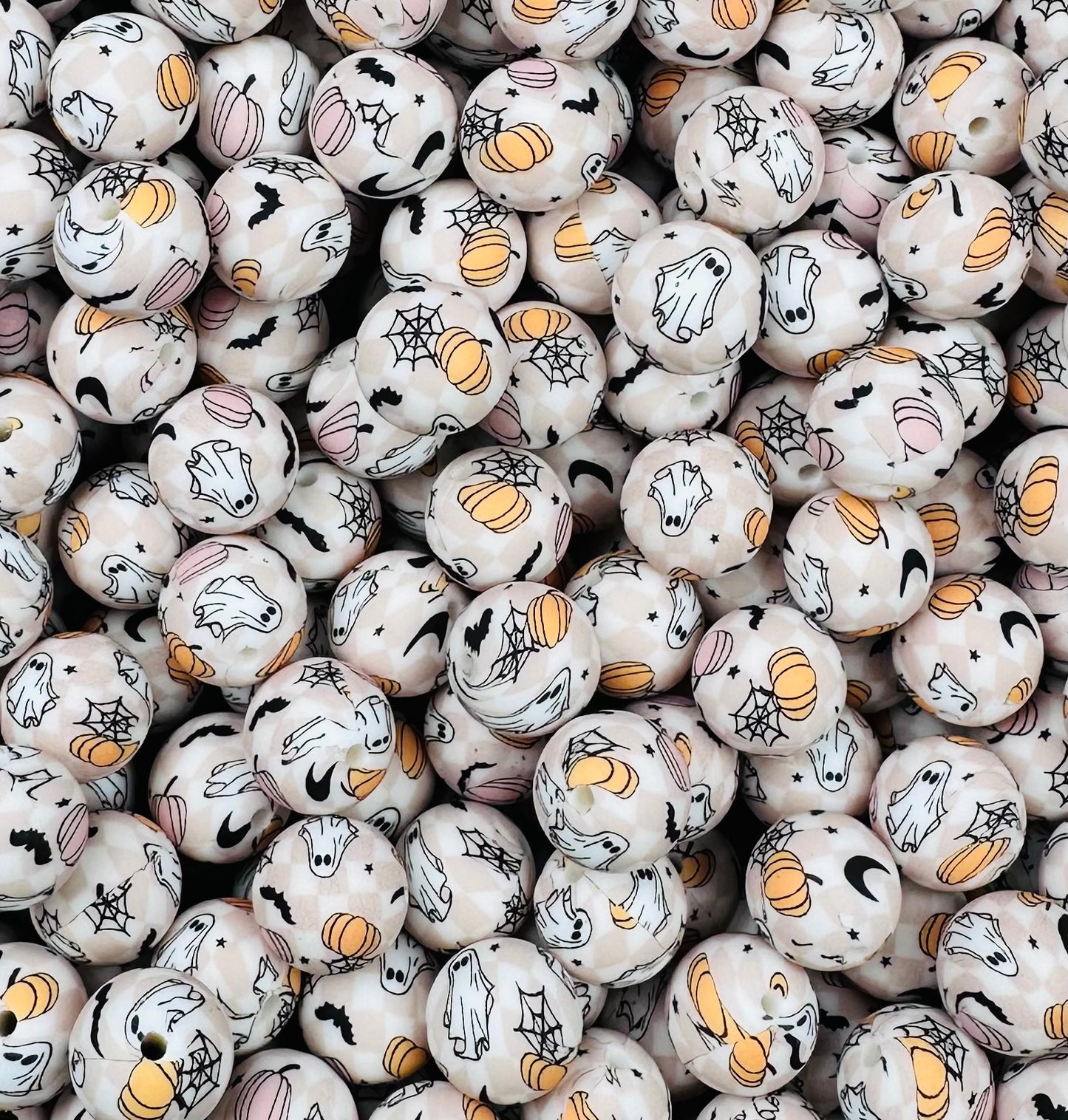 15mm Print Ghost Pumpkin Checkers *Murphy EXCLUSIVE* Round Silicone Beads