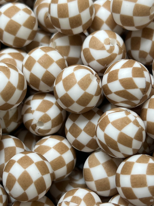 15mm Print Brown Checkered Flag EXCLUSIVE Round Silicone Beads
