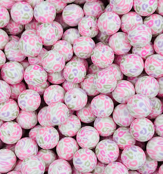 15mm Print Spring Leopard Animal Round Silicone Beads