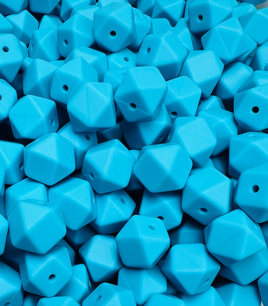 14mm Hexagon Solid Seaside Blue Silicone Beads