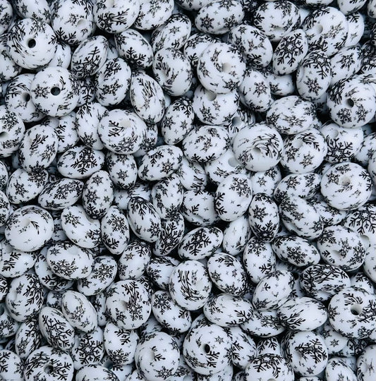 12mm Lentil Print Snowfall CUSTOM Silicone Beads, Winter Silicone Beads, Christmas Print Beads