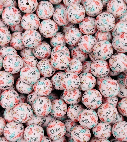 15mm Print Rustic Cactus Round Silicone Beads, Western Silicone Beads