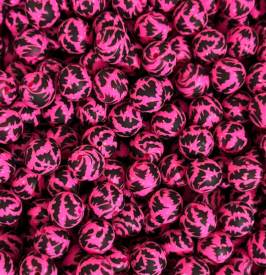 15mm Print Hot Pink BATS  EXCLUSIVE Round Silicone Beads
