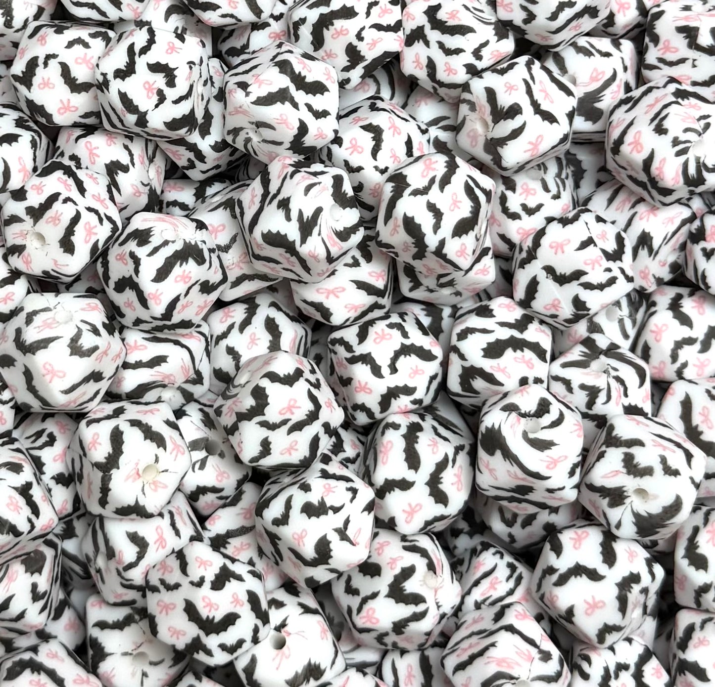 14mm Hexagon Print Bats and Bows EXCLUSIVE Printed Silicone Bead, Halloween Silicone Focal Bead