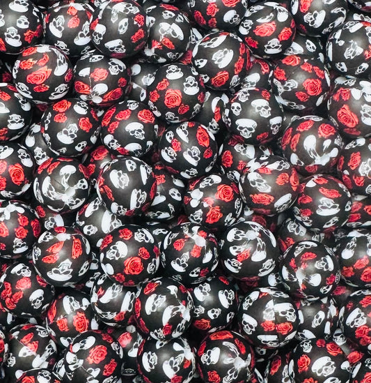 15mm Print Skull and Roses EXCLUSIVE Silicone Beads