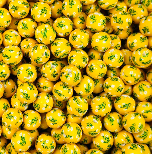 15mm Print Lemon Daisies Printed Round Silicone Bead