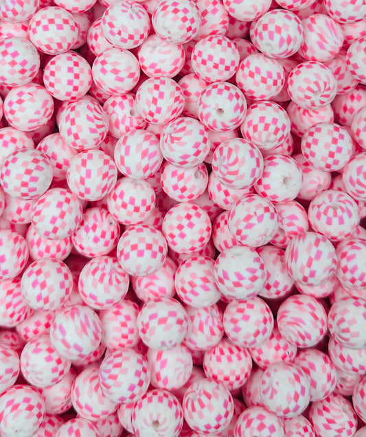 15mm Print Little Pink Checker Round Silicone Beads