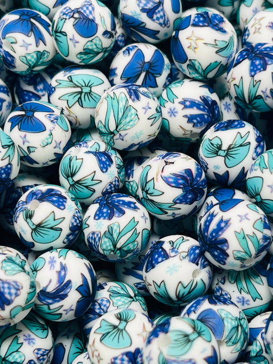 15mm Print Winter Bows EXCLUSIVE Silicone Beads, Winter Silicone Print Bead