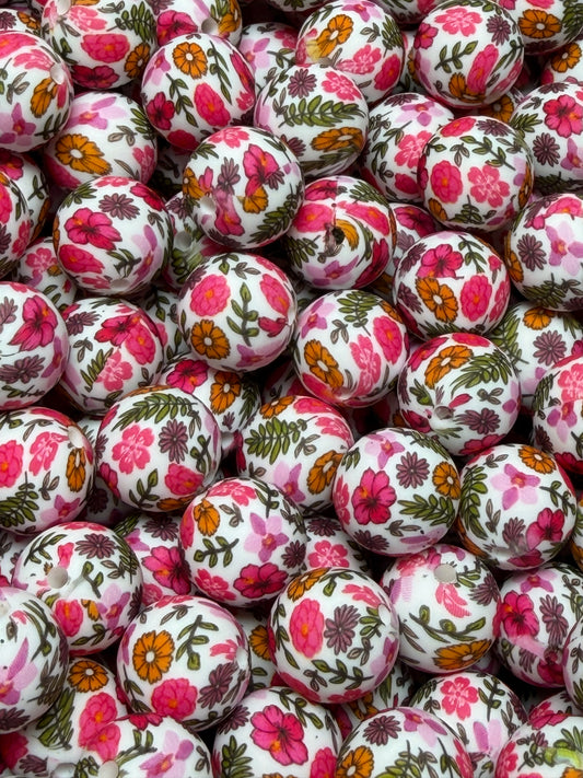 15mm Print Spring Meadows Round Silicone Beads