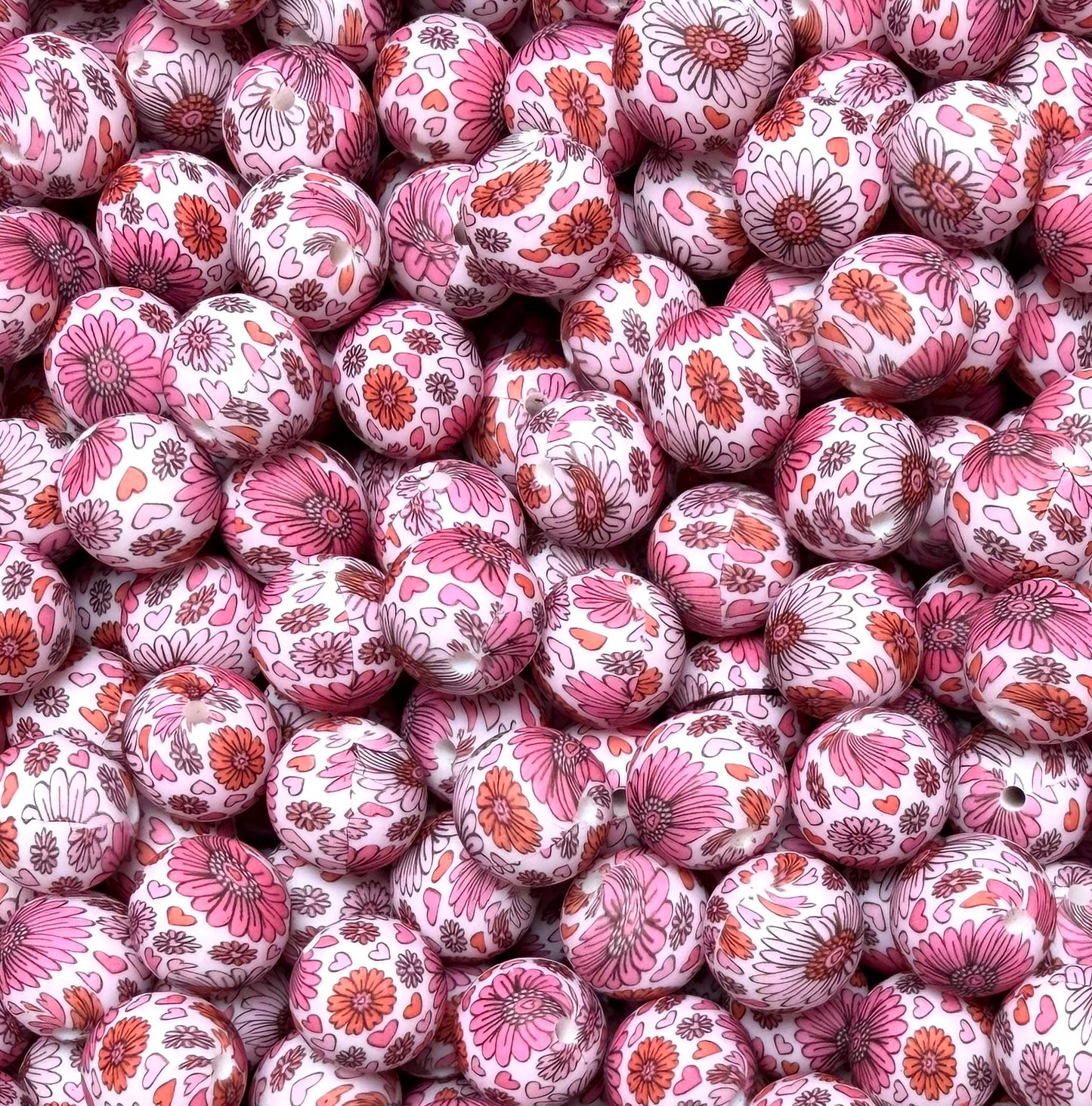 15mm Print VALENTINE Flowers EXCLUSIVE Round Silicone Beads