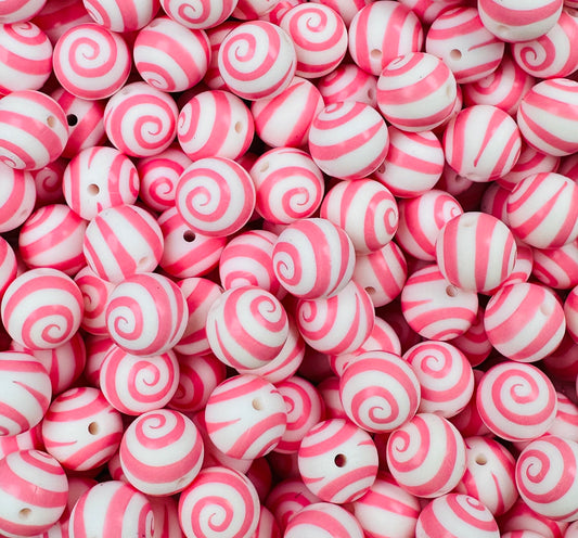 15mm Print Pink Swirls Round Silicone Beads