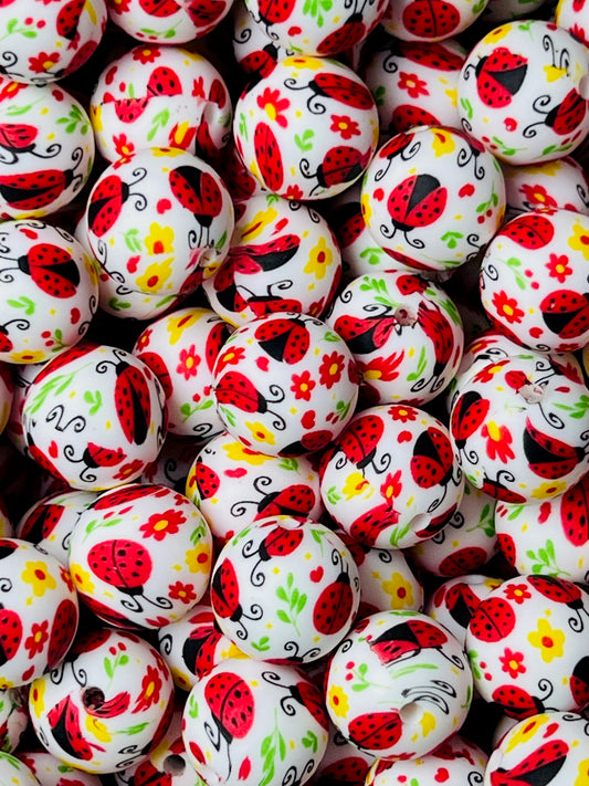 15mm Print Ladybugs Round Silicone Beads