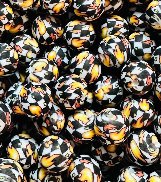 15mm Print Flame Checker EXCLUSIVE Round Silicone Beads