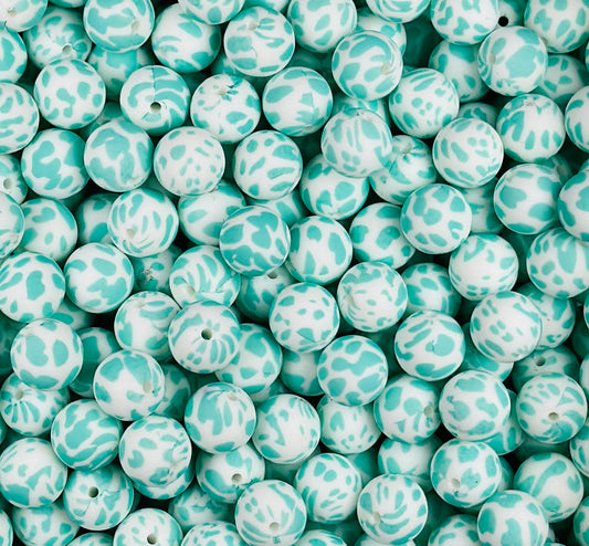 15mm Print Teal Cow Print Round Silicone Beads