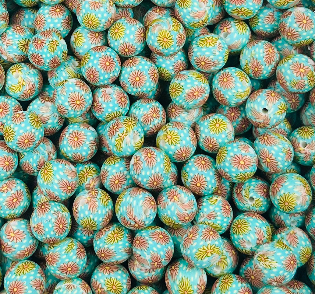 15mm Print Happy Daisies Round Flower Silicone Beads