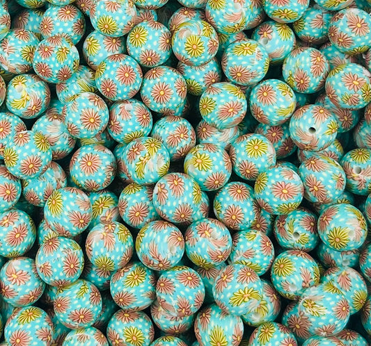 15mm Print Happy Daisies Round Flower Silicone Beads