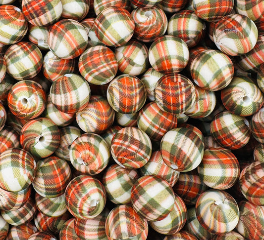 15mm Print Christmas Plaid EXCLUSIVE Round Silicone Beads