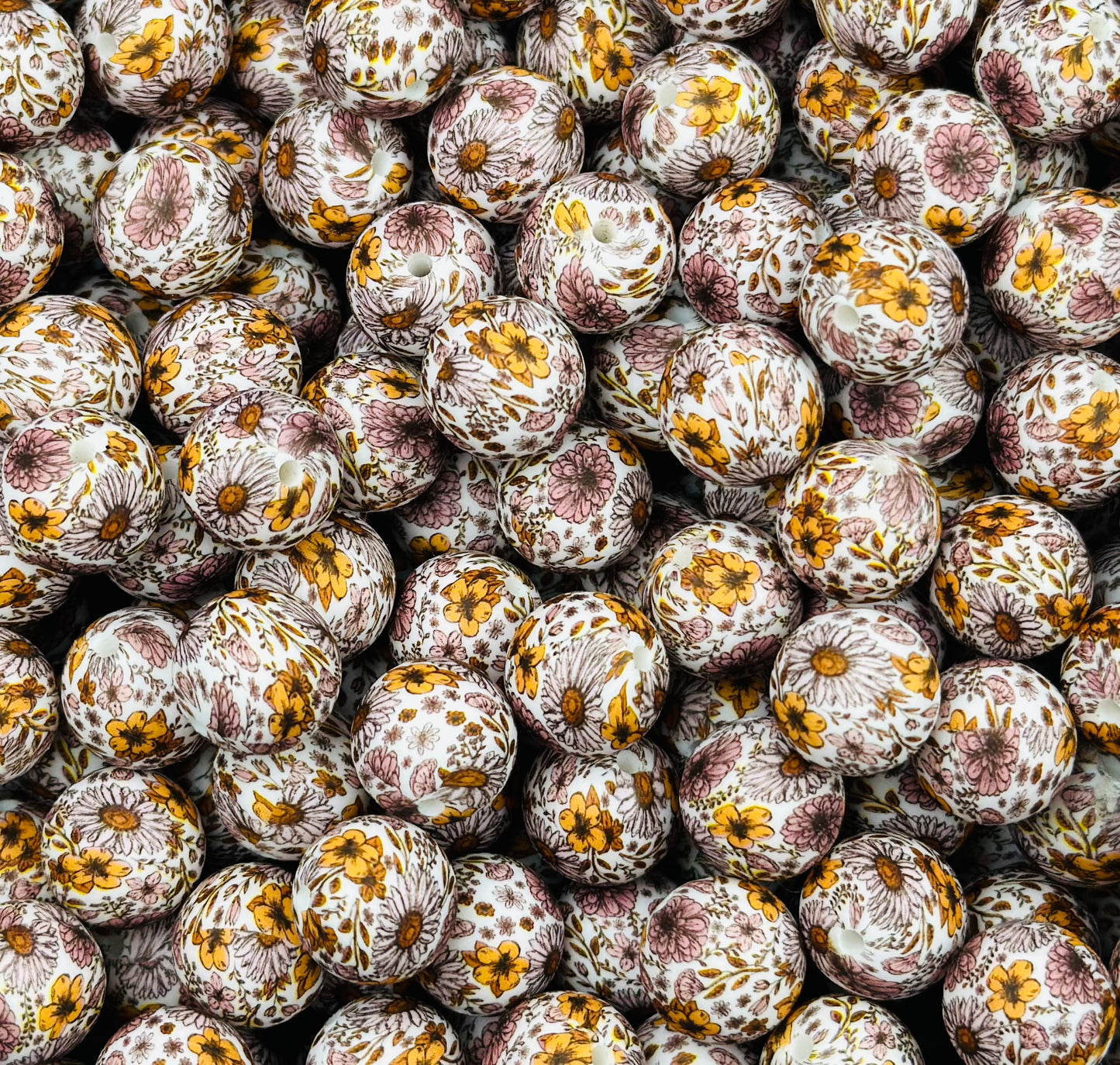 15mm Print Field of Flowers Round Silicone Beads