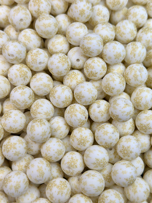 15mm Print Gold Snowfall EXCLUSIVE Round Silicone Beads
