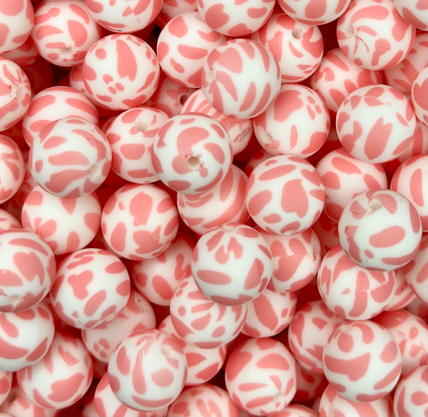 15mm Print Pink Spotted Cow Print Round Silicone Beads