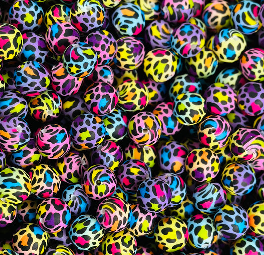 15mm Print Neon Leopard Round Silicone Beads, Animal Print Beads