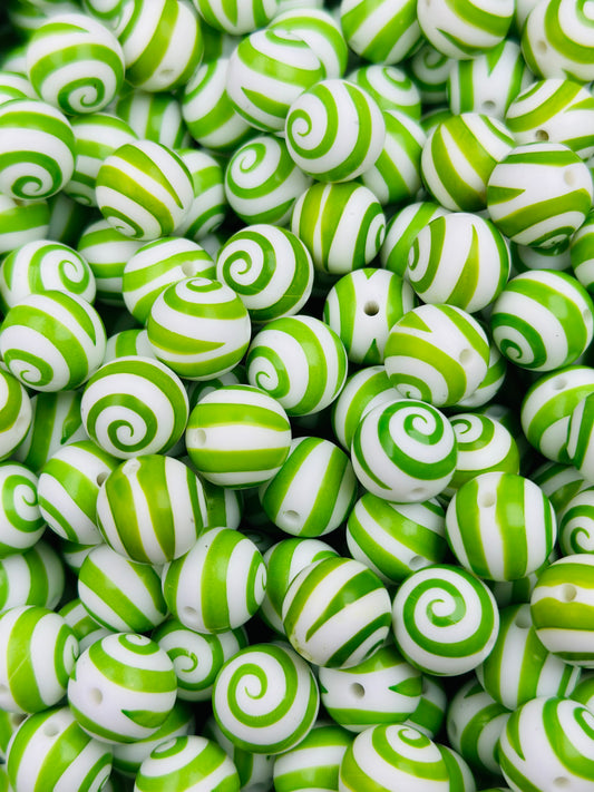 15mm Print Green Swirls Round Silicone Beads