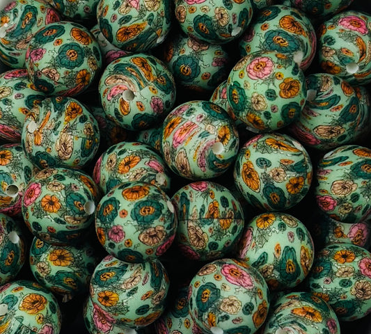 15mm Print Pumpkin Garden EXCLUSIVE Round Silicone Beads, Floral Print Beads