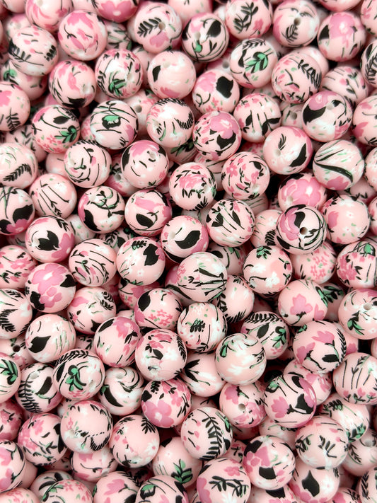 15mm Print Pretty in Pink Flowers Silicone Beads