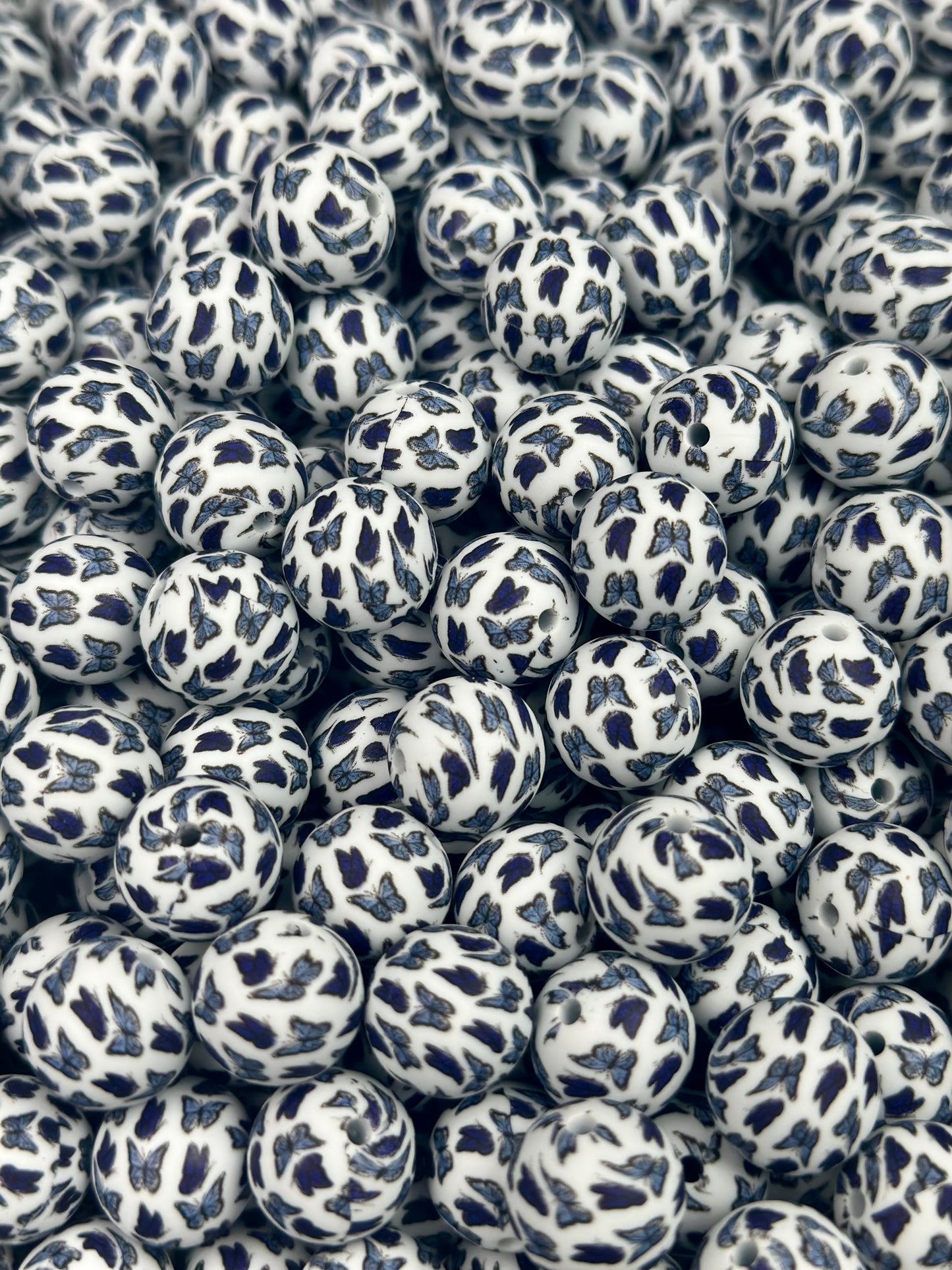 15mm Print Blue Butterfly Animal Round Silicone Bead