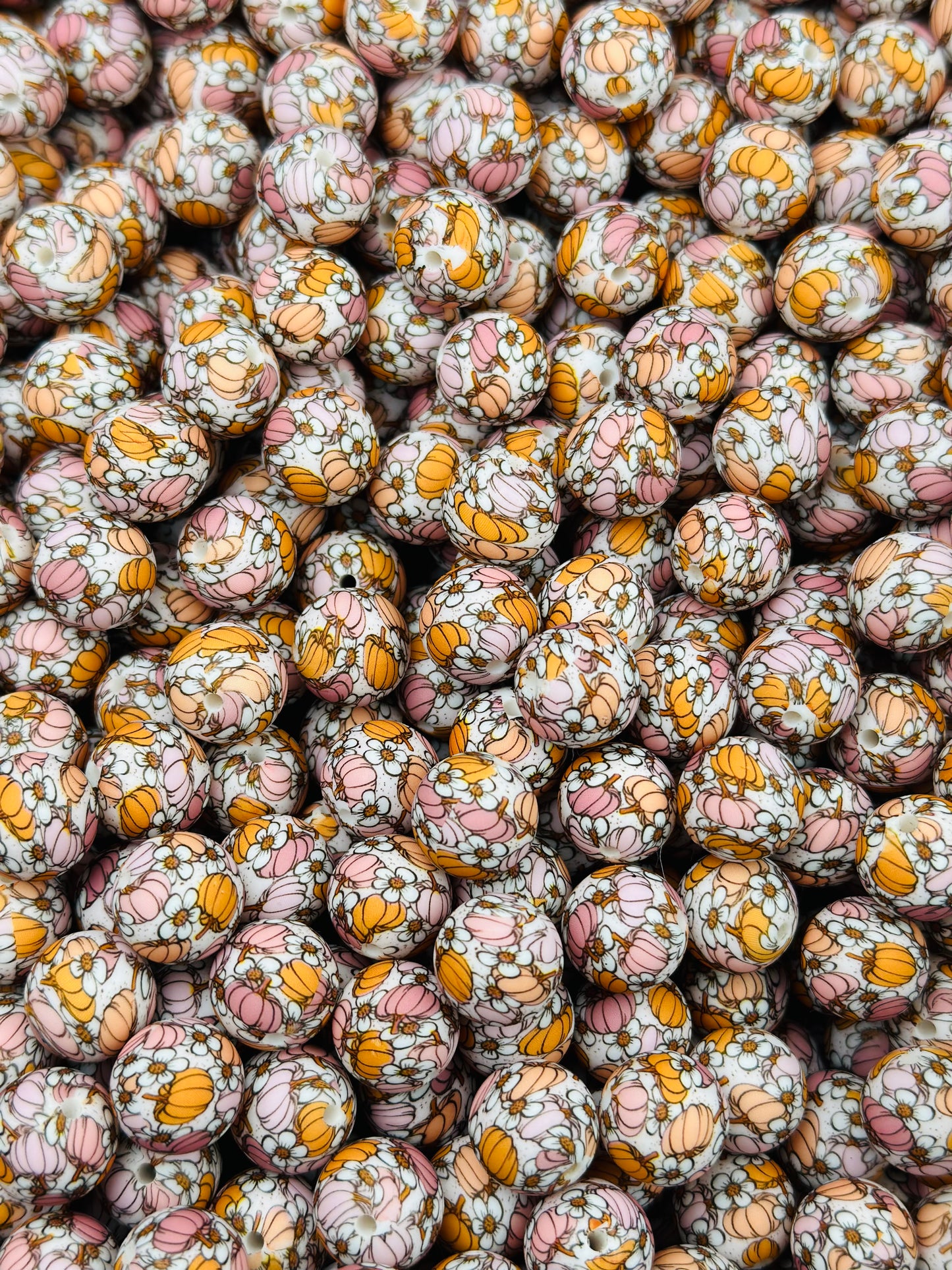 15mm Print Pink Pumpkin Patch Silicone Beads, Fall Round Silicone Beads