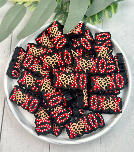 Red Leopard XOXO Silicone Focal Bead, Valentine Focal