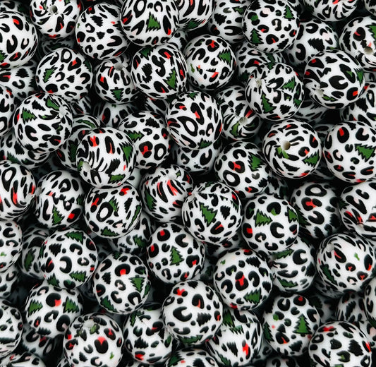 15mm Print Christmas Tree Leopard Round Silicone Beads, Animal Print Beads