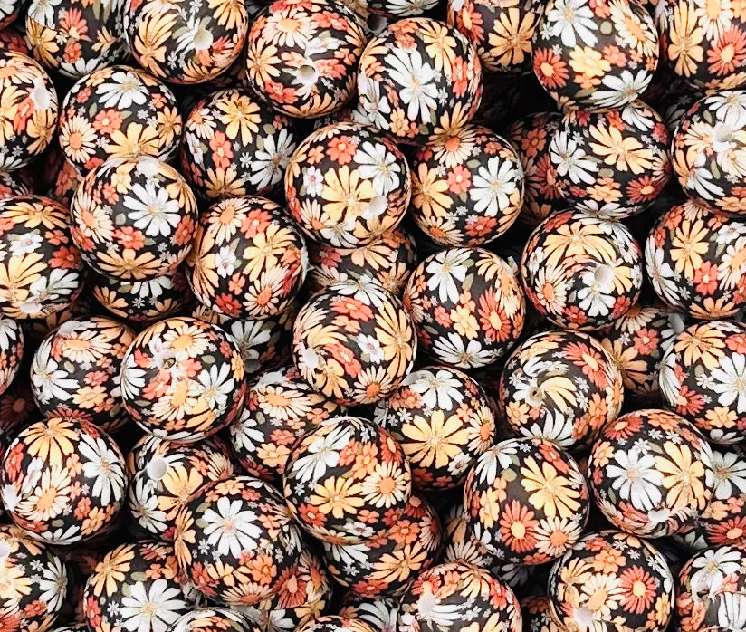 15mm Print Fall Garden Round Silicone Beads