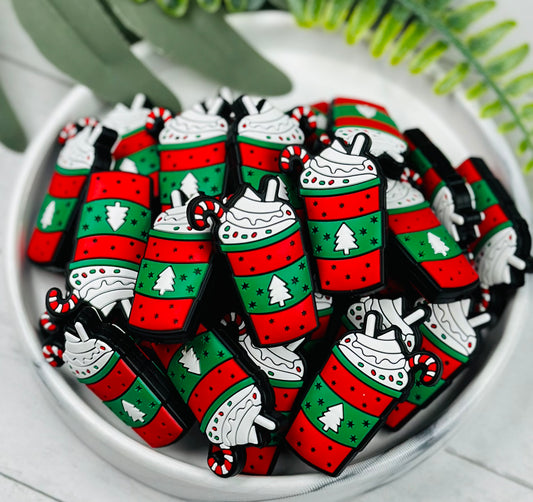 Peppermint Frappe Coffee Silicone Focal Bead, Christmas Cup Shape Silicone Bead