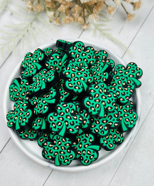 Leopard Shamrock Silicone Focal Bead, St. Patrick’s Day Silicone Bead, 4 Leaf Clover Shape Silicone Bead