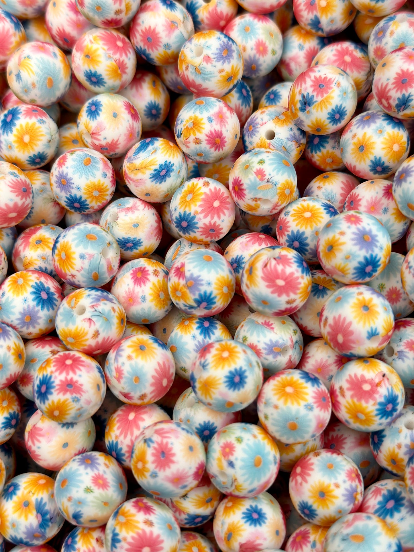 15mm Print Bright Flower Bouquet Silicone Beads