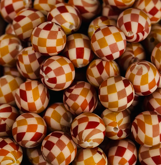 15mm Print Fall Checkers EXCLUSIVE Round Silicone Beads