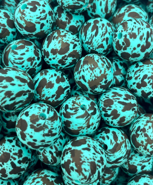 15mm Print Turquoise Brown Cow Round Silicone Beads